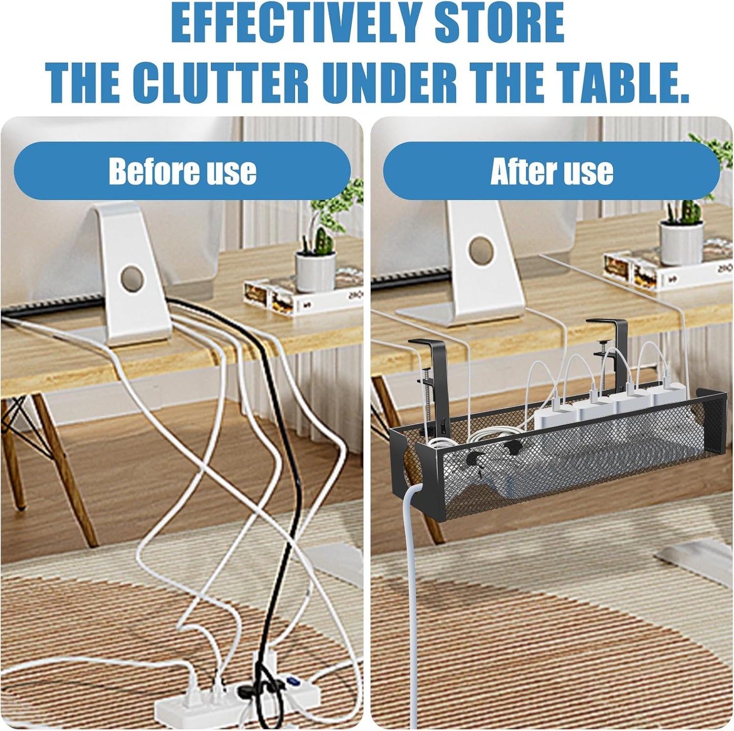 Under Desk Cable Management Tray, No Drill Steel Cord Organizer Kit with 52Pcs Different Essential Accessories for Home Office Standing Desk (13.4inch, Black)