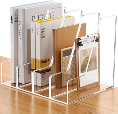 SANRUI Acrylic Magazine Holder Desk Organizer Workspace Sorters，Clear Bookend File Sorter Holder，Folder Rack, Office Accessories Organization Storage with 3 Vertical Compartments