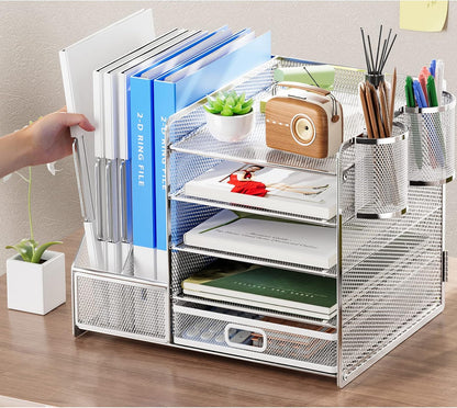 Marbrasse Desk Organizer with File Holder, 5-Tier Paper Letter Tray Organizer with Drawer and 2 Pen Holder, Mesh Desktop Organizer and Storage with Magazine Holder for Office Supplies(Black)