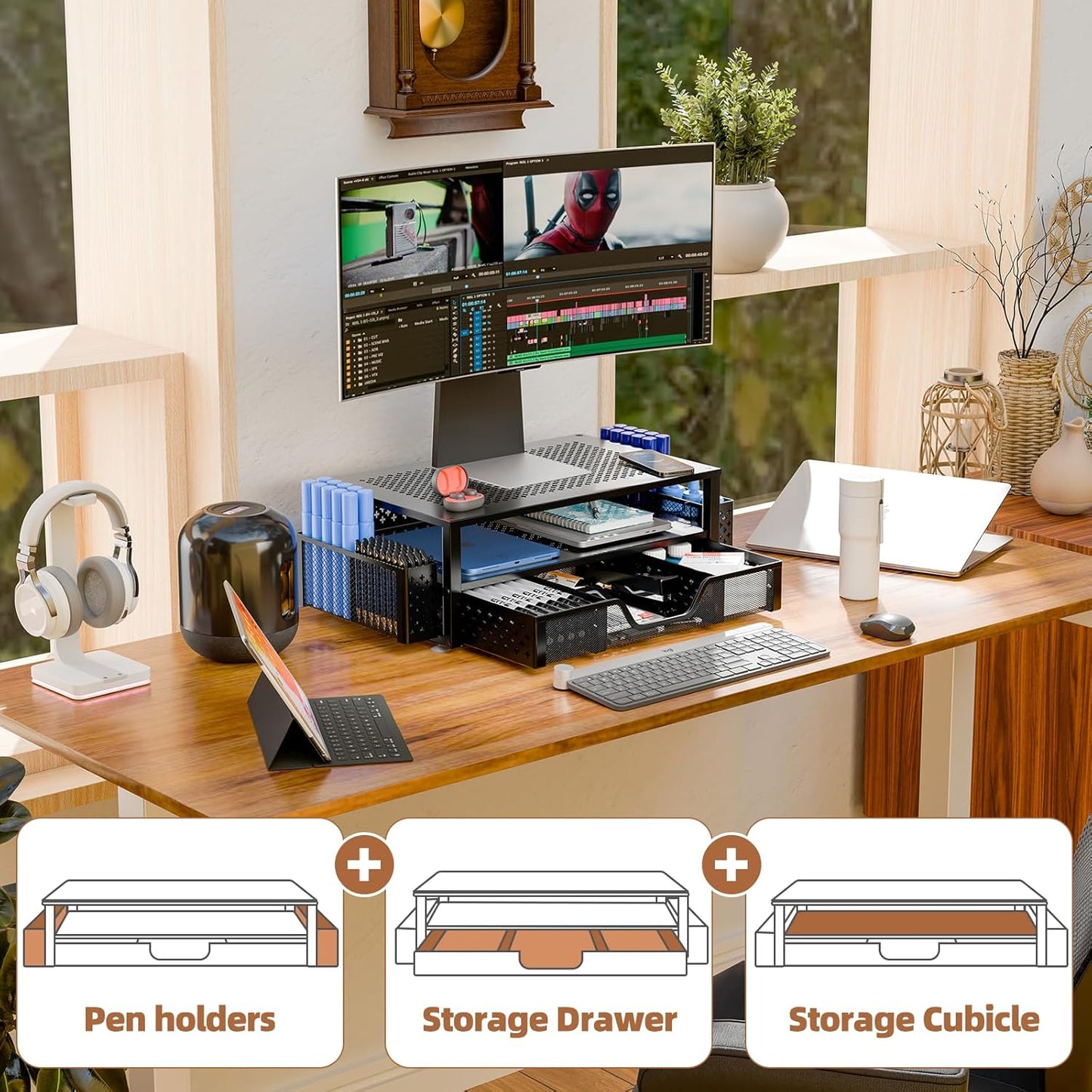 Simple Trending Desk Organizer and Accessories, 2 Tier Computer Metal Monitor Stand Riser with Drawer and Pen Holder for Laptop, Computer, iMac, Black