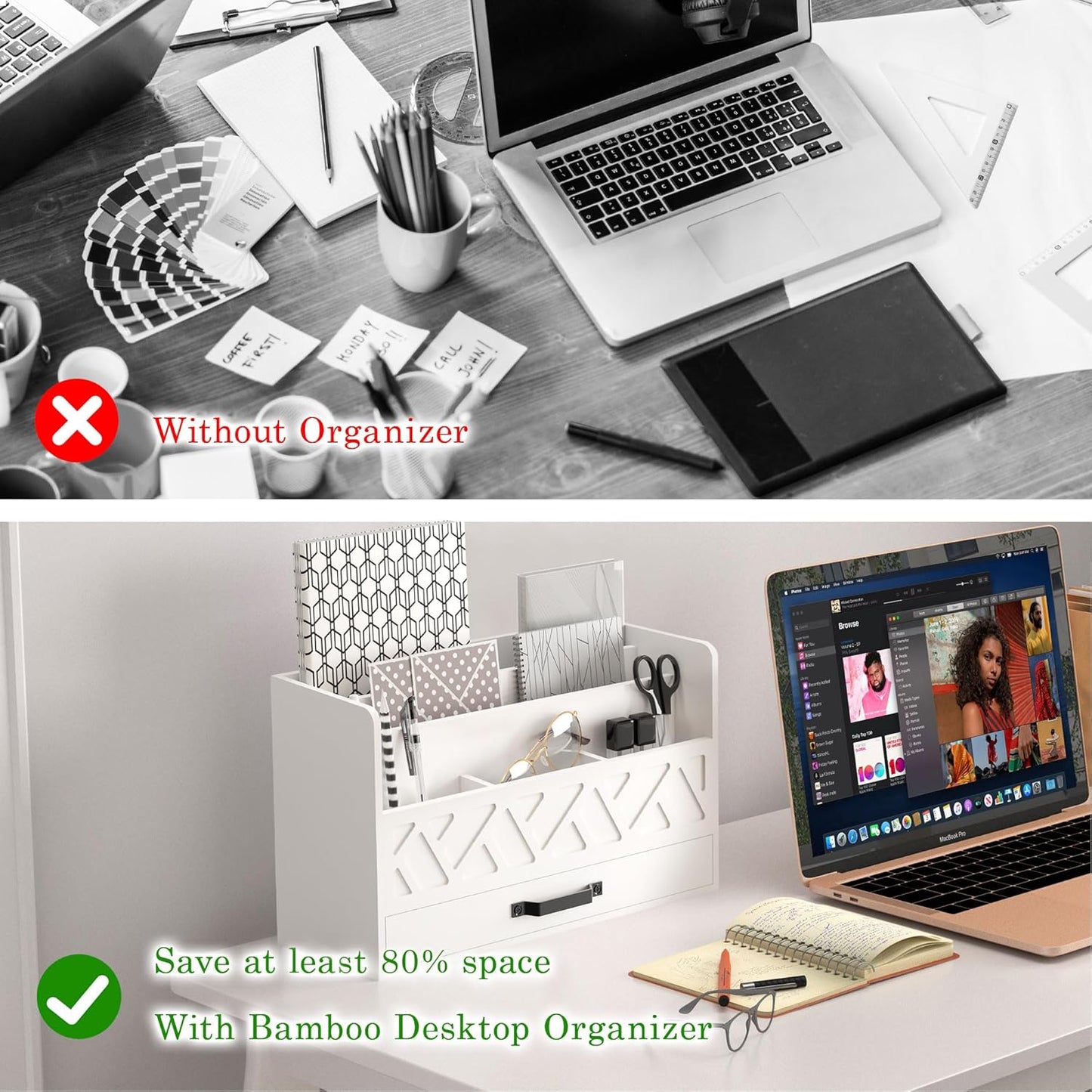 WISUCART Bamboo Desk Organizer Mail Holder Countertop Wood Desk Drawer Tabletop Storage Box Pen Holder Letter Sorter Makeup Organizer for School Home Office Supplies with Pen Holder White