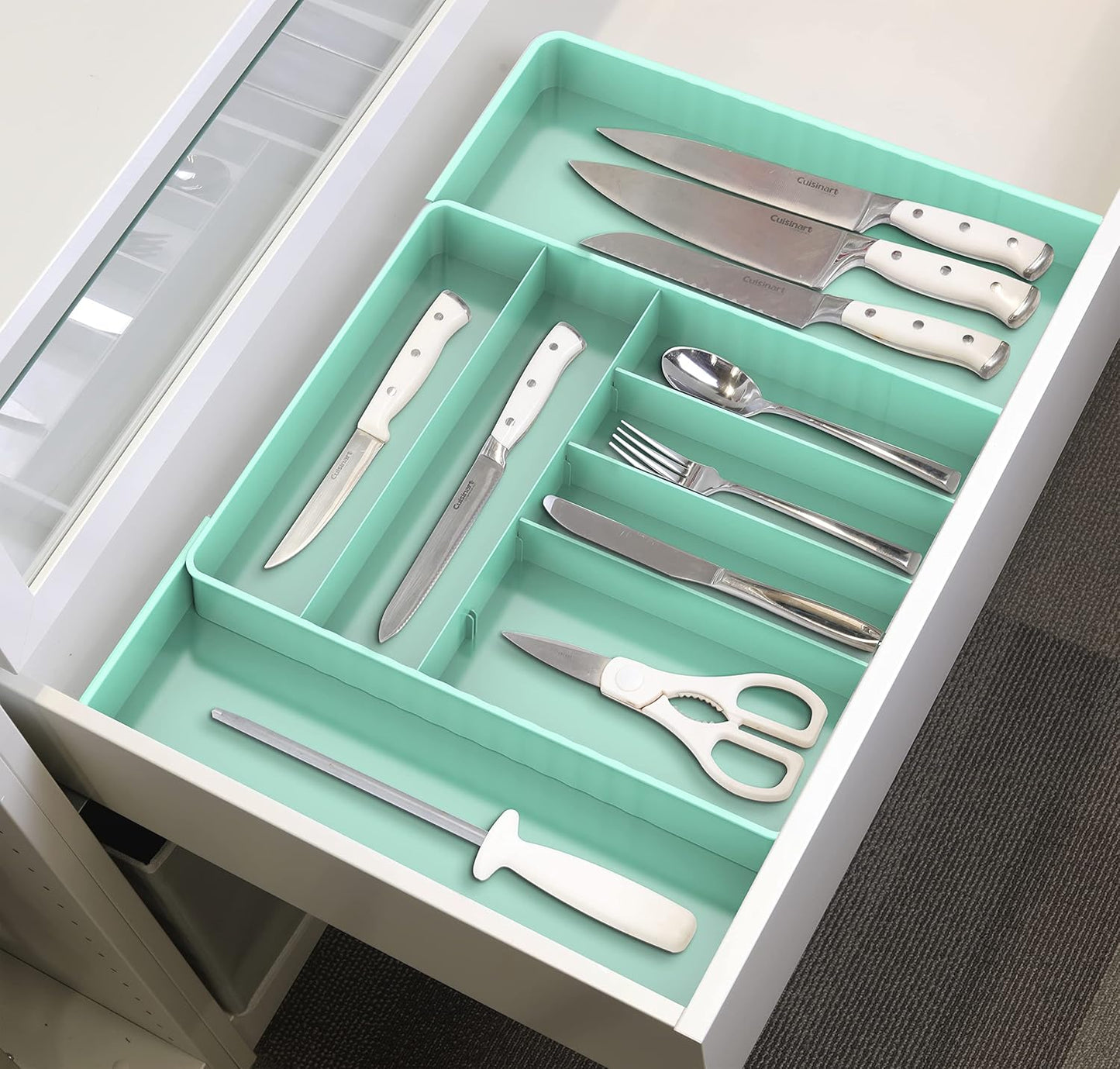 Simple Houseware Expandable & Adjustable Cutlery Drawer Organizer - Large Utensil and Flatware Tray for Kitchen Drawers, White