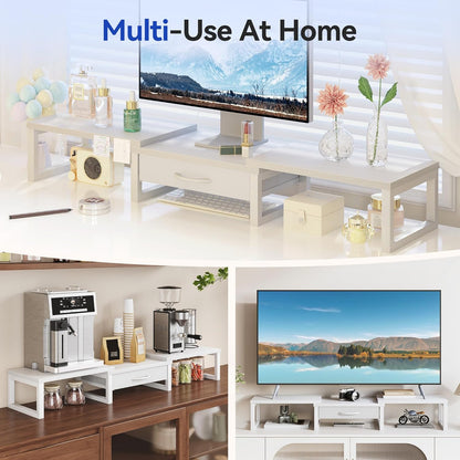 Dual Monitor Stand Riser, Desk Organizers and Accessories with Drawer, Computer Monitor Stands for Desk, Adjustable Desktop Shelf for PC Laptop Printer TV, Black
