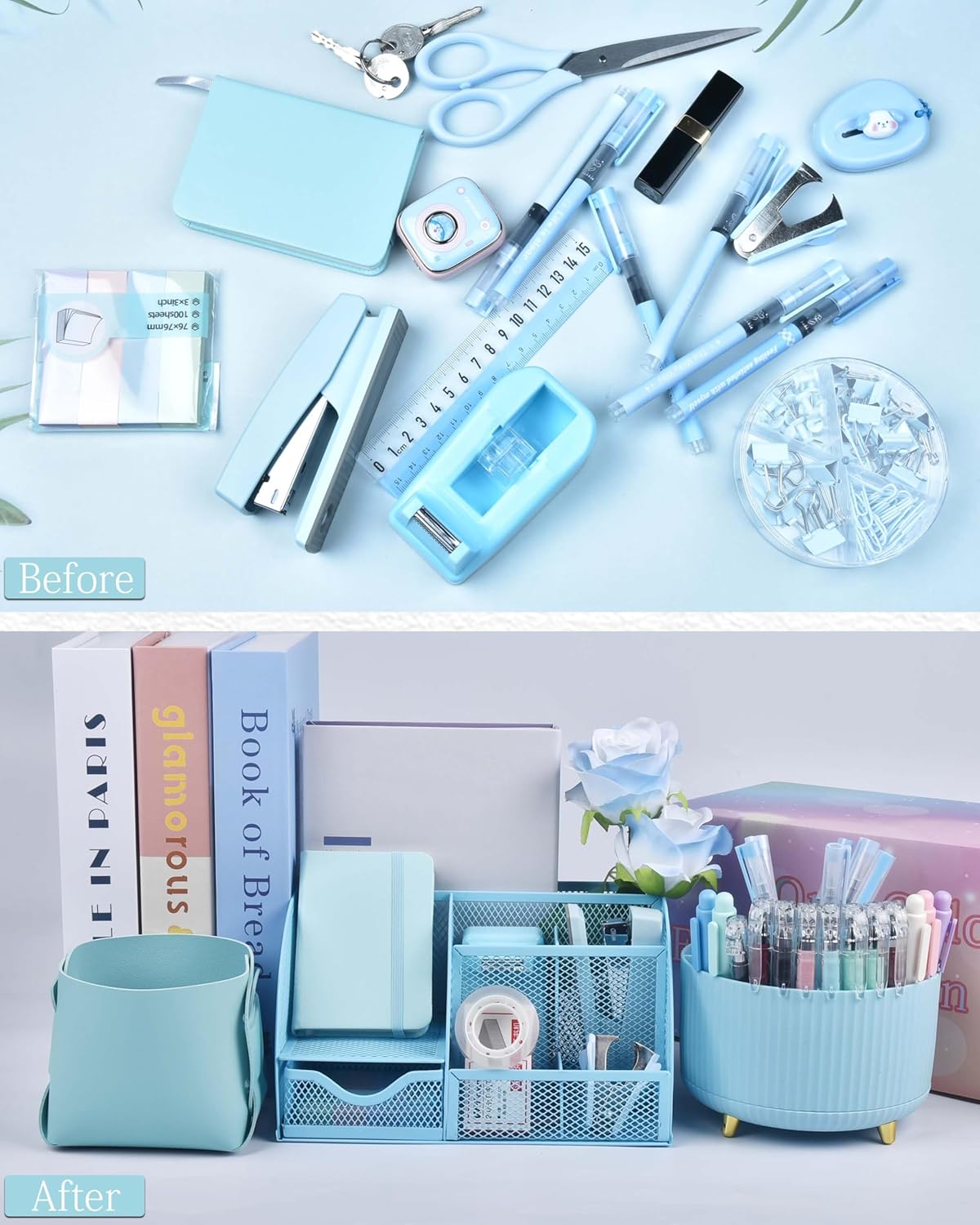 LXEVIHK 21Pcs Pink Desk Organizers and Accessories With Mesh Desk Organizer and 360°Rotating Pen Holder and a Lot of Office Pink Office Supplies Beautifully Presented in a Gift Box