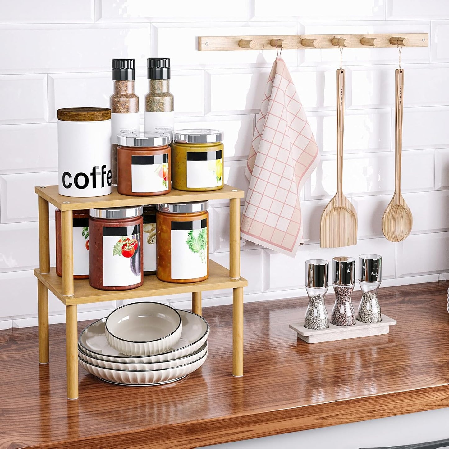 VERTORGAN Cabinet Organizer Shelf(Set of 2),Kitchen Counter Shelves,Bamboo Stackable Expandable Spice Rack Countertop(Medium)