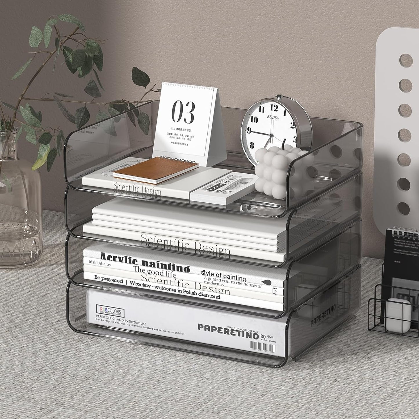 FANXIYQ 4-Tier Acrylic Paper Tray Organizer - Low-Profile Desk File Sorter for Office/Home, Clear Stackable Letter Tray for Bills, Crafts, Notebooks
