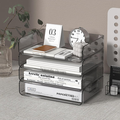 FANXIYQ 4-Tier Acrylic Paper Tray Organizer - Low-Profile Desk File Sorter for Office/Home, Clear Stackable Letter Tray for Bills, Crafts, Notebooks