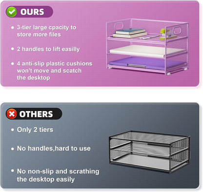 Marbrasse 3 Tier Paper Organizer Letter Tray, Mesh File Organizer with Handle, Paper Sorter Desk Organizer for Home Office Supplies