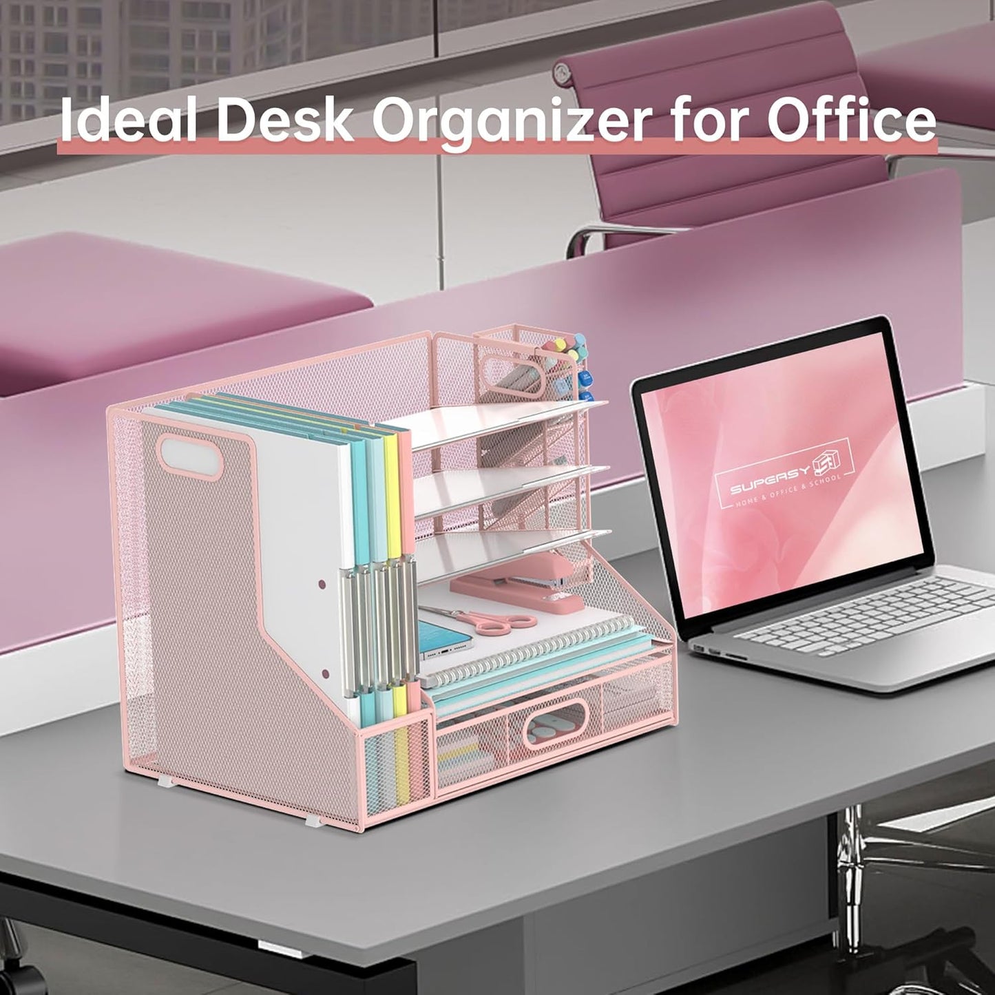 SUPEASY Desk Organizer with File Holder, 5-Tier Mesh Paper Letter Tray and 3 Tilted File Sorter for Office Supplies, Black