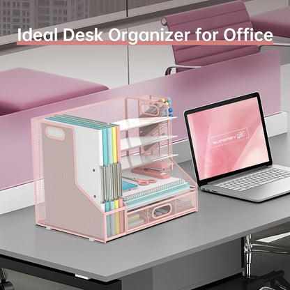 SUPEASY Desk Organizer with File Holder, 5-Tier Mesh Paper Letter Tray and 3 Tilted File Sorter for Office Supplies, Black