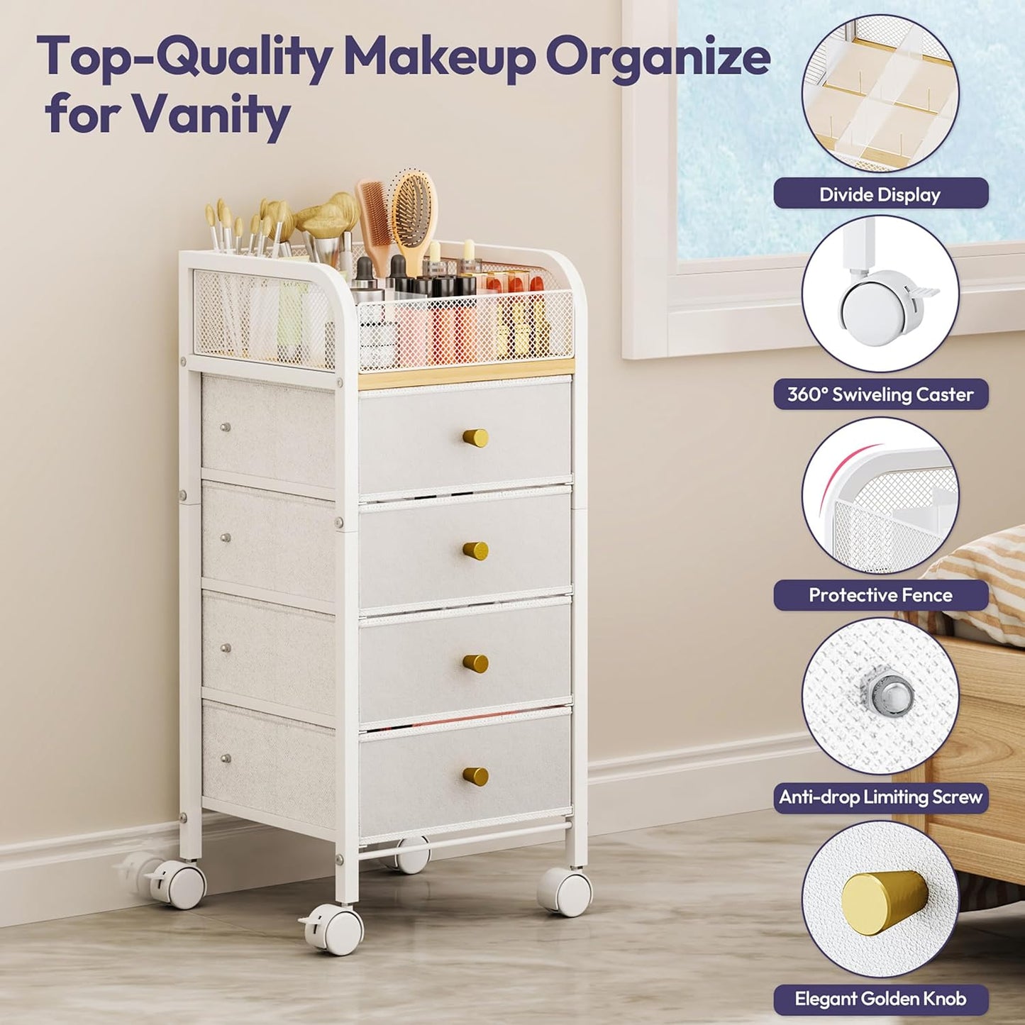 SWTYMIKI Rolling Makeup Organizer Cart - Under Desk Vanity Makeup Storage with 3 Non-woven Drawers, Nail Cart Organizer Cosmetic Display Cases Cabinet for Skin Care Perfume Nail Polish Brush Hair Tool