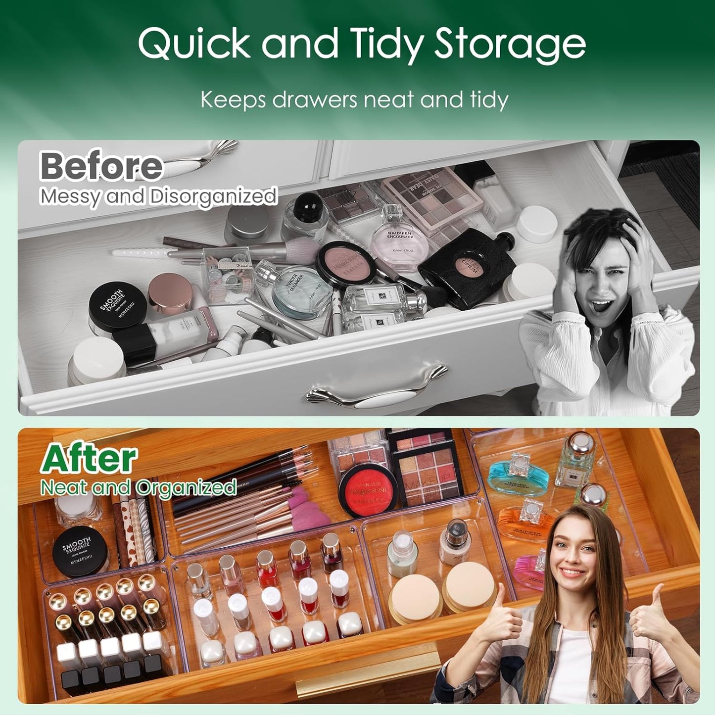 Criusia 6 Pcs Large Size Clear Drawer Organizer Set, Acrylic Non Slip Non Cracking Kitchen Drawer Storage Tray Divider, Multifunctional Storage for Cosmetics, Bathroom, Tools, Kitchen and Office