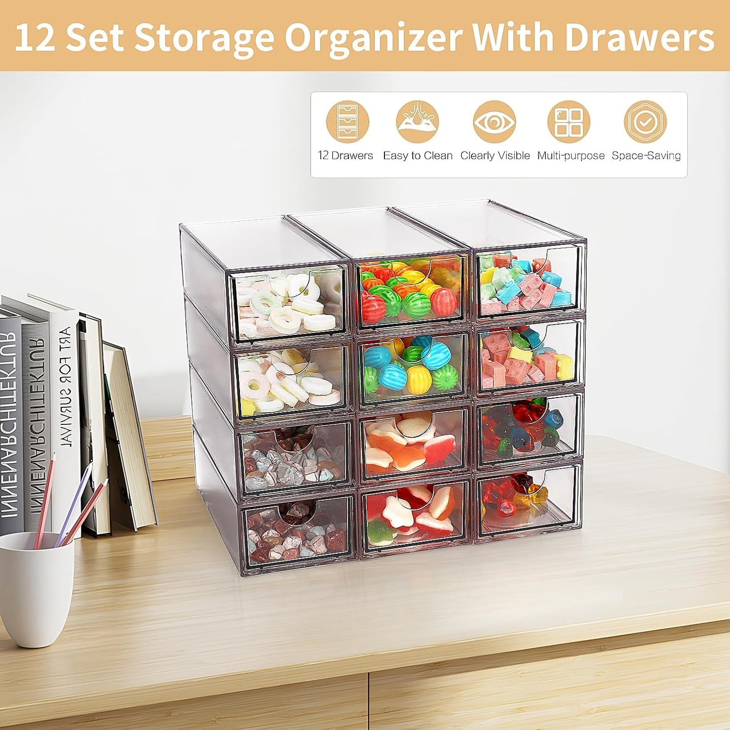 Desk Organizer with Drawers, Stackable Plastic Storage Drawers for Makeup or Desk Organization, Cabinets for Office Dressing Countertop Bathroom Bedroom (6 Packs)