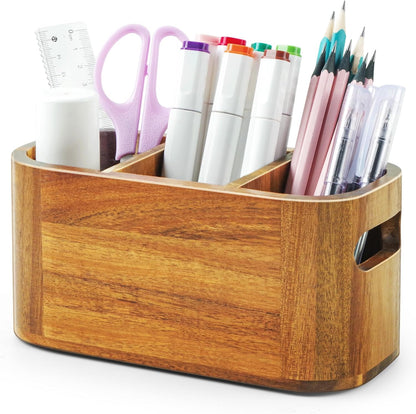 Acacia Wood Pencil Pen Holder for Desk, Wooden Office Organizer with 3 Slots for Countertop, Makeup Brush Holder Remote Control Organizer for School Home Supplies