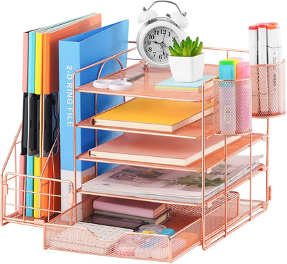 Marbrasse Desk Organizer with File Holder, 5-Tier Paper Letter Tray Organizer with Drawer and 2 Pen Holder, Mesh Desktop Organizer and Storage with Magazine Holder for Office Supplies(Black)
