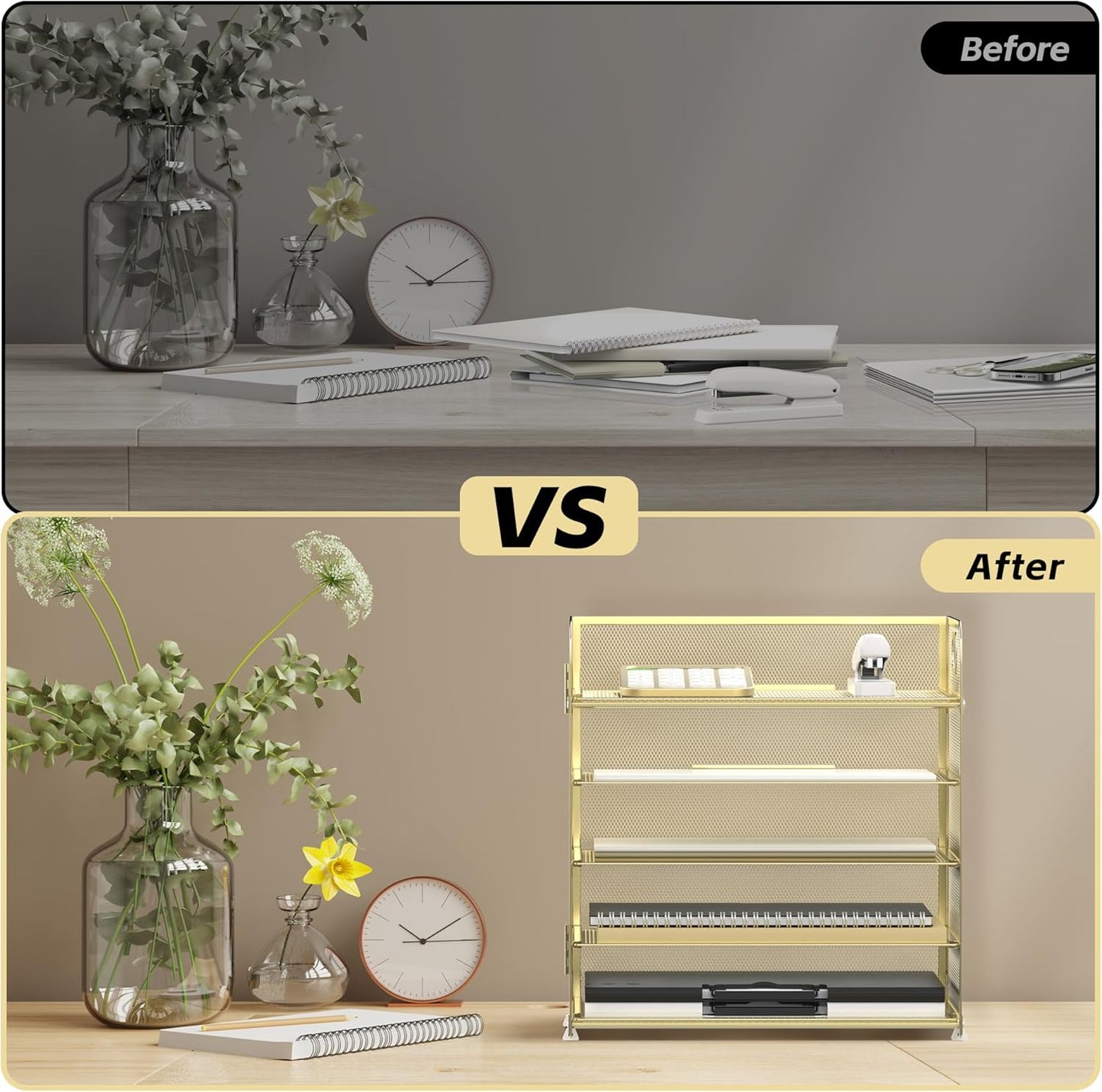 Supeasy 5 Trays Paper Organizer Letter Tray with Handle-Mesh Desk File Holders, Paper Sorter Desk Organizer for Office, Home, Classroom or School, White