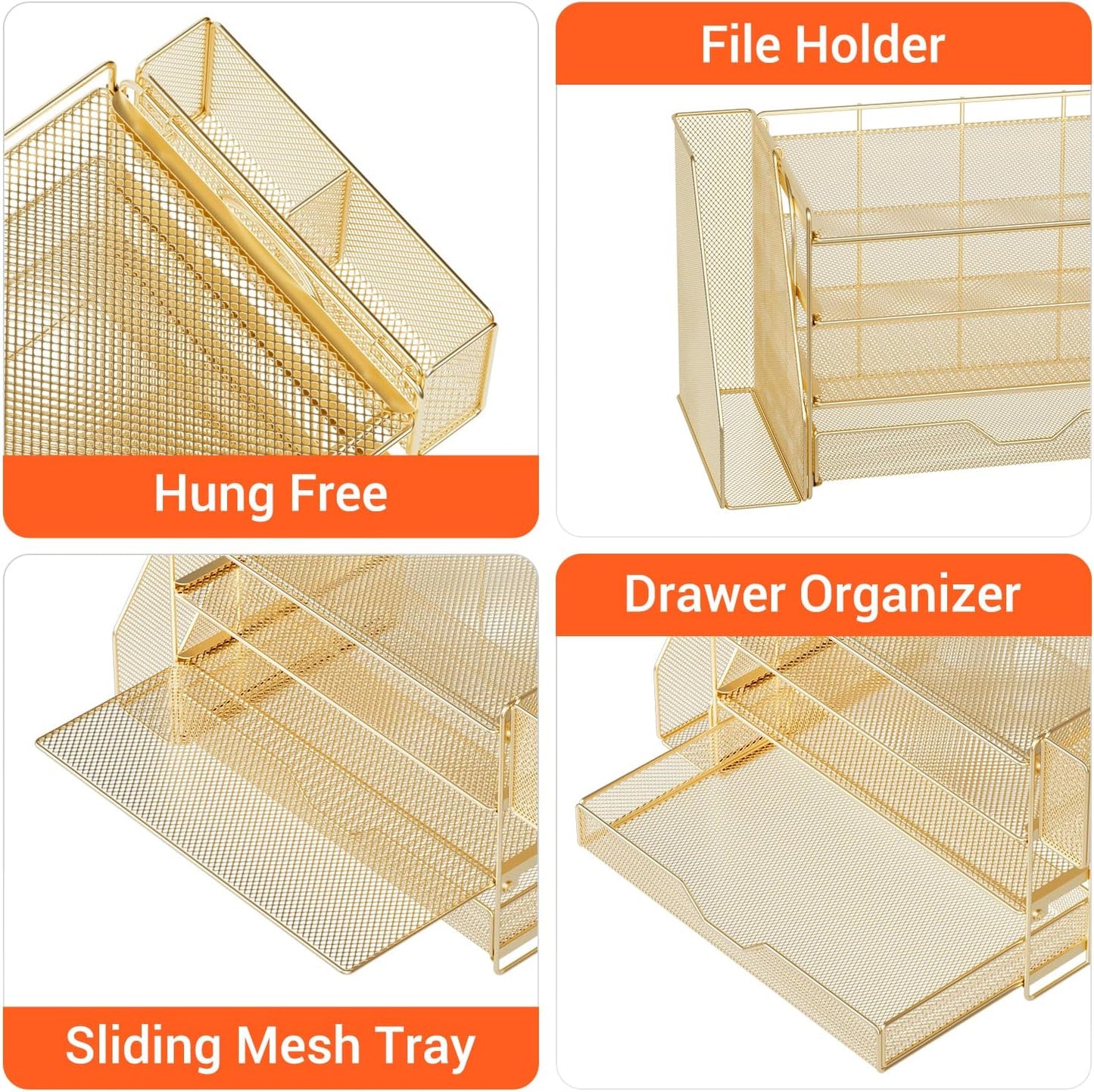 OPNICE Desk Organizers and Accessories, 4-Tier Office Desk Accessories & Workspace Organizers with Drawer and Pen Holder, Desktop Paper Tray File Organizer for Home Office Supplies, Gold