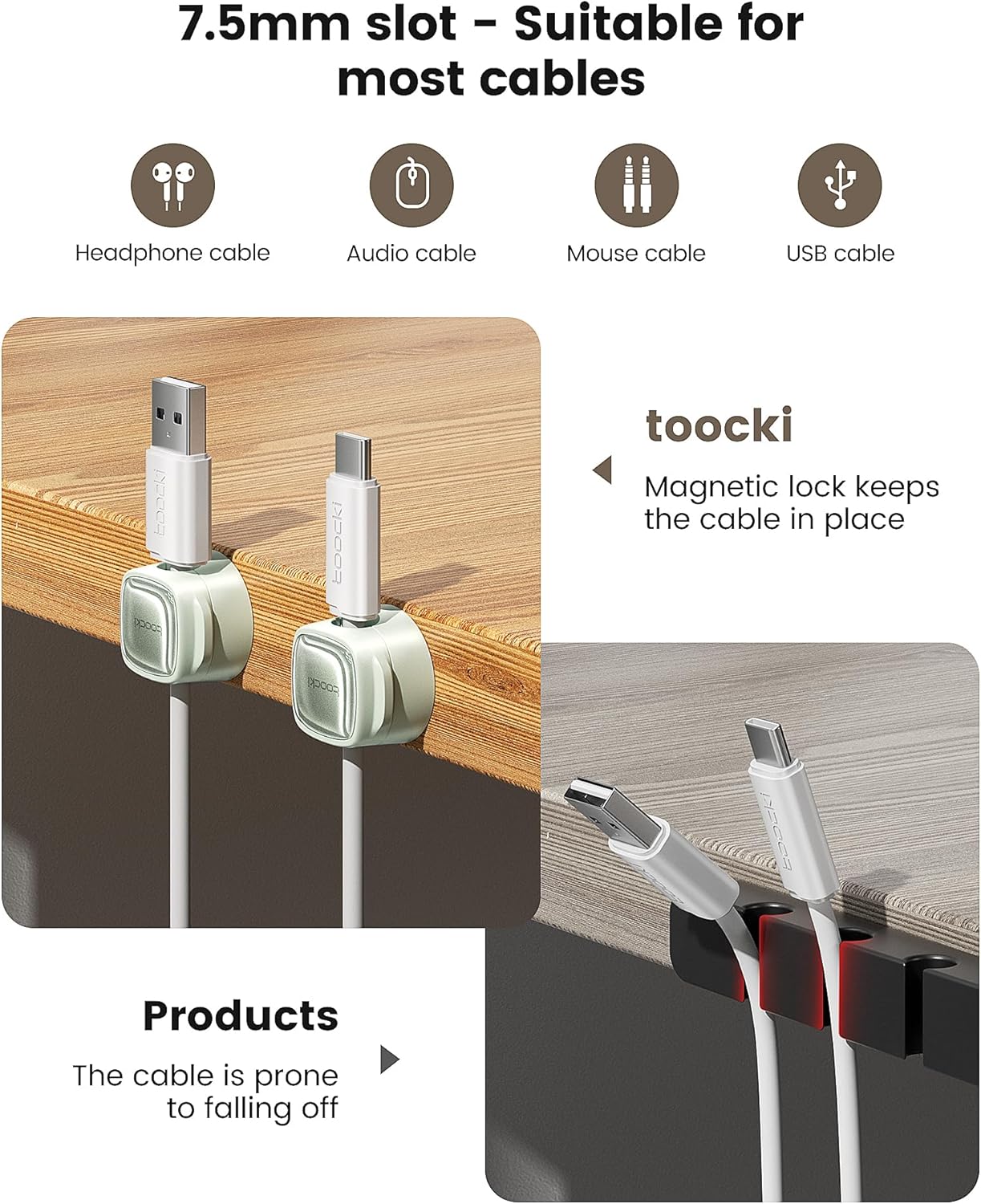 6 Pack Magnetic Cable Clips – Cord Organizer & Holder, Toocki Adhesive Cable Management, Wire Holder for USB Charging Cables, Ideal for Home, Office, Car, Desk, and Nightstand-Purple