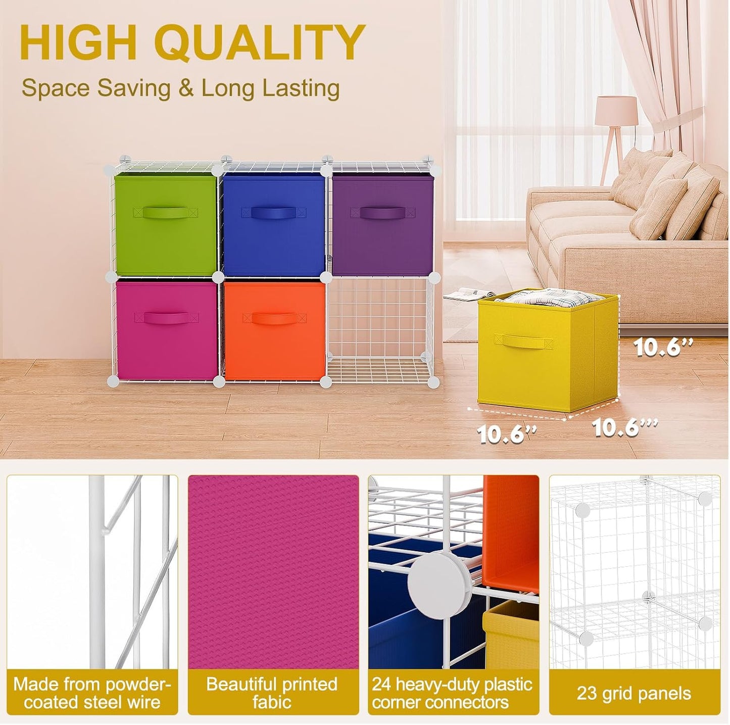 Leinuosen 6 Cube Storage Organizer with Fabric Bins, Wire Grid Stackable Shelves, Modular Storage Units for Bedroom Living Room Office Toys Book Craft(Black,Gray)