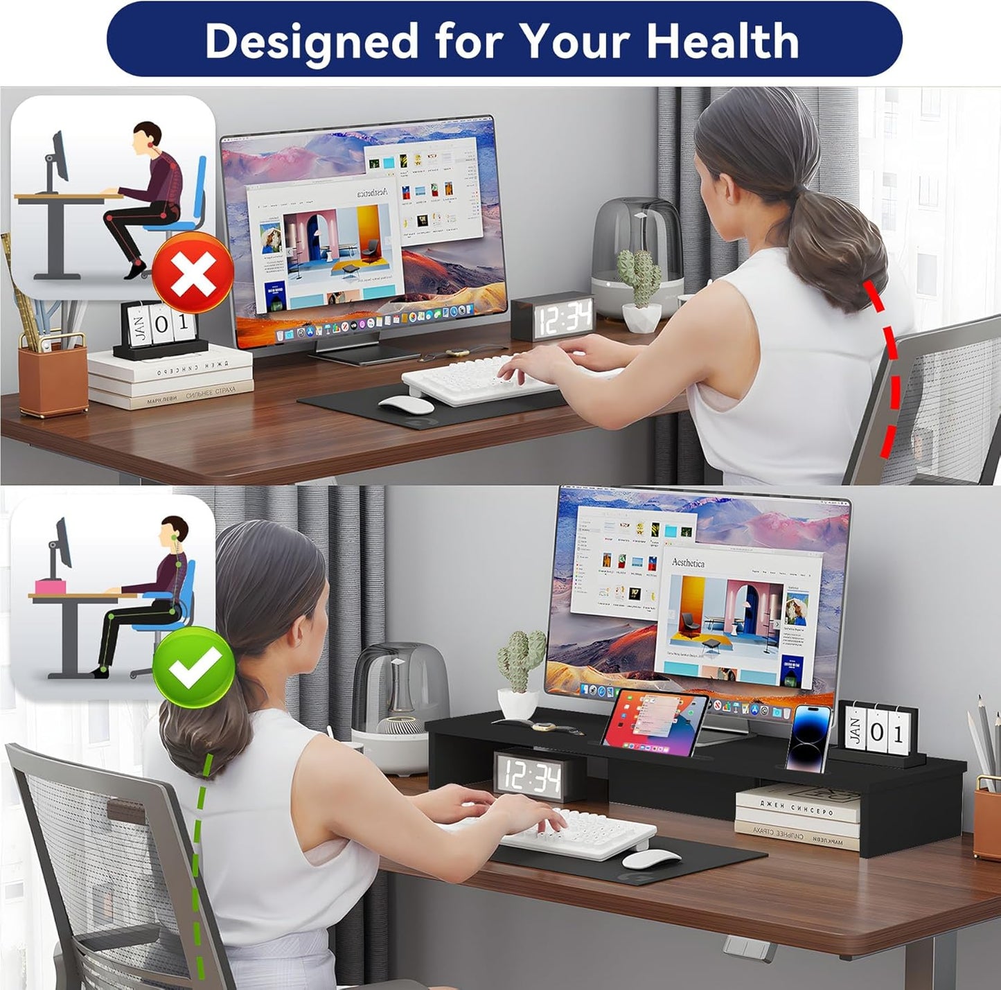 Qupui Computer Monitor Stand Riser with Drawer and Pen Holders, Desk Organizer Shelf and Accessories, Office Desk Accessories, Office Organization, Black