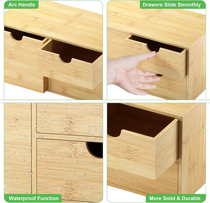 Wisuce Desk Organizer with Drawers - Bamboo Desktop Organizer Storage Natural Wood Desk Drawers Organizer for Bills, Office Supplies, Cosmetics, Seals No Assembly Required 3 Drawers（left-right)