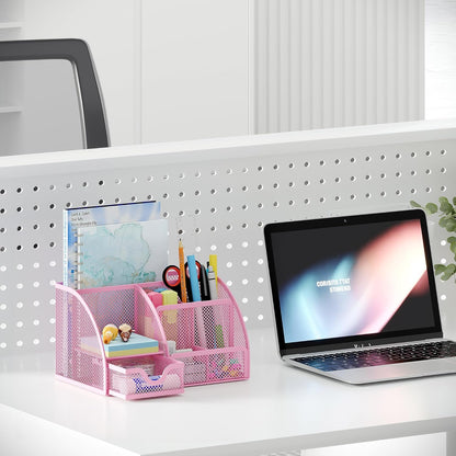 EasyPAG Mesh Desk Organizer with Drawer Multi-functional Pen Holder Stationery Organizer for Office School Supplies 6 Compartments Dorm Organizers and Storage for Desk, Black