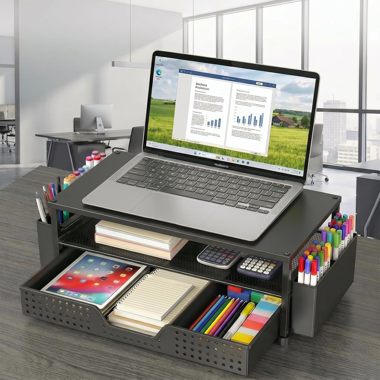 ECOLOVI Desk Organizer and Accessories, 2-Tier Computer Monitor Stand Rise with Storage Drawer & 2 Pen Holders, Laptop & Printer Stand for Desktop, Workspace Organizers for Office Supplies (Blue)