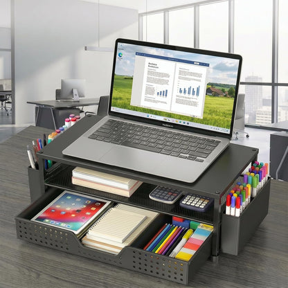 ECOLOVI Desk Organizer and Accessories, 2-Tier Computer Monitor Stand Rise with Storage Drawer & 2 Pen Holders, Laptop & Printer Stand for Desktop, Workspace Organizers for Office Supplies (Blue)