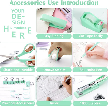 Gold Desk Accessories, Office Desk Organizers and Accessories 360°Pen Holder Acrylic Stapler Set, Phone Holder, Ballpoint Pen, Scissor, Binder Clips, Ruler, Transparent Glue, Sticky Note and Staples.