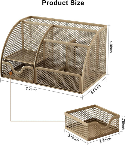 EasyPAG Mesh Desk Organizer with Drawer Multi-functional Pen Holder Stationery Organizer for Office School Supplies 6 Compartments Dorm Organizers and Storage for Desk, Black