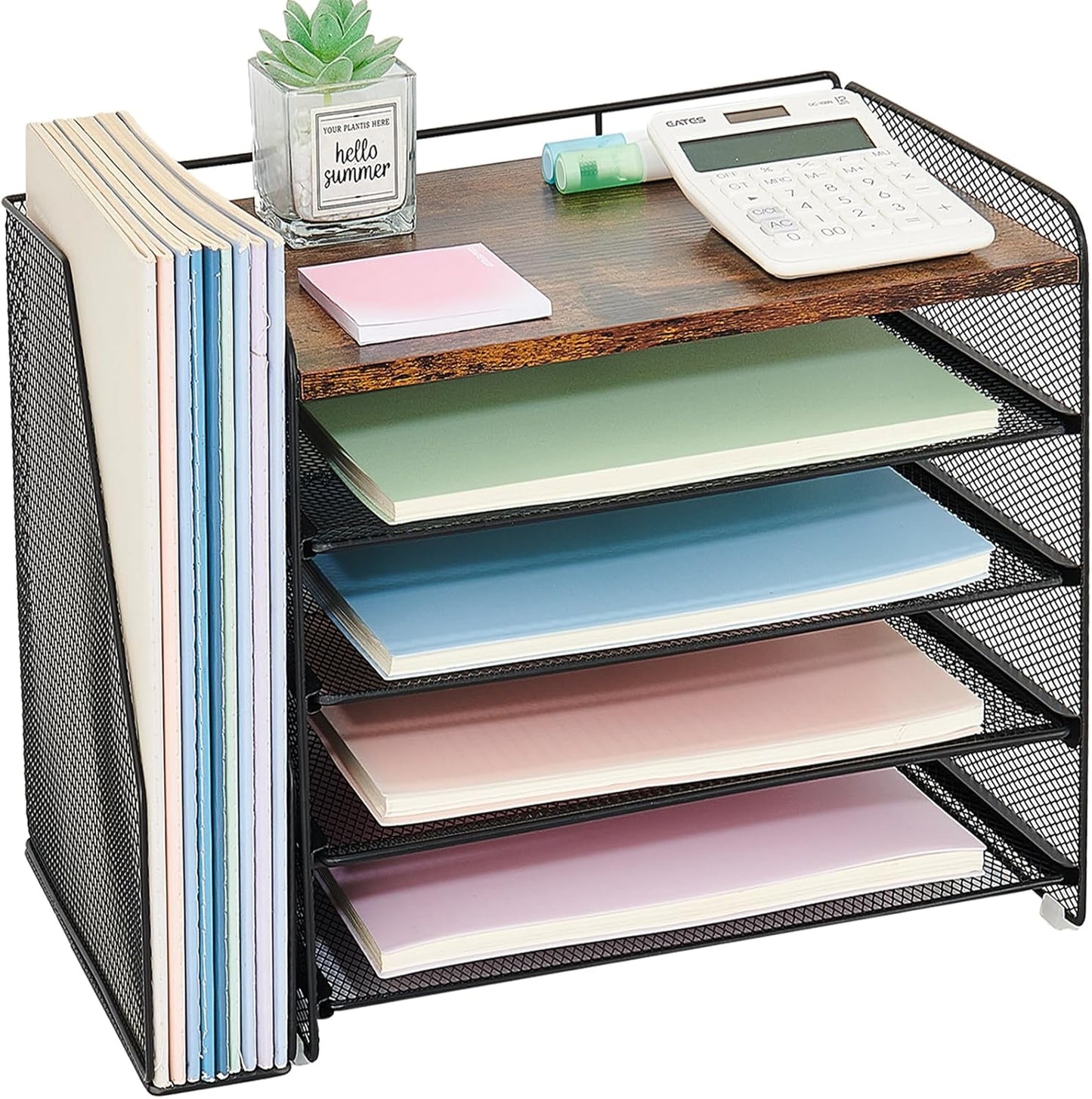 OPNICE Desk Organizer, 5-Tier Paper Organizer Letter Tray with Magazine Holder, Office Desk Accessories & Workspace Organizers, Desktop File Organizer for Office Supplies Storage, Black