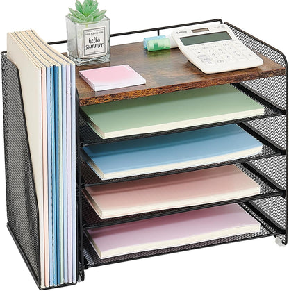 OPNICE Desk Organizer, 5-Tier Paper Organizer Letter Tray with Magazine Holder, Office Desk Accessories & Workspace Organizers, Desktop File Organizer for Office Supplies Storage, Black