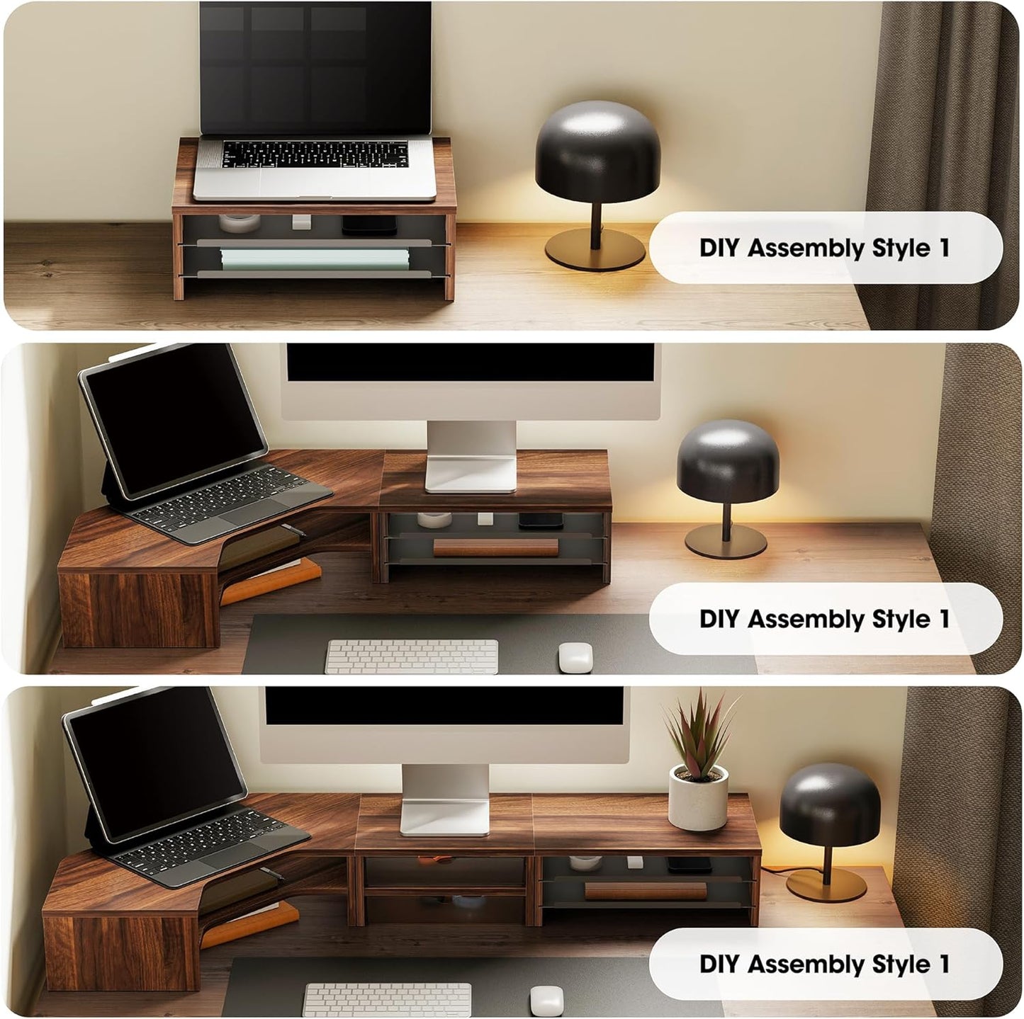 Fenge Monitor Stand, 3-Tier Monitor Riser with Slide-Out Tray, Wooden and Metal Desktop Organizer for Home Office, Computer, Laptop, Printer, Telephone