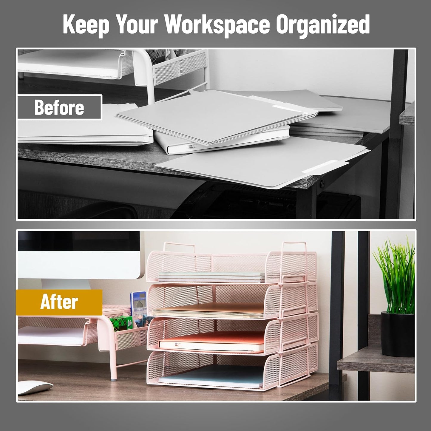 Mind Reader Stackable Paper Tray, Desktop Organizer, File Storage, Office, Metal Mesh, 10.5" L x 13.5" W x 11.25" H, 4 Pcs., Pink