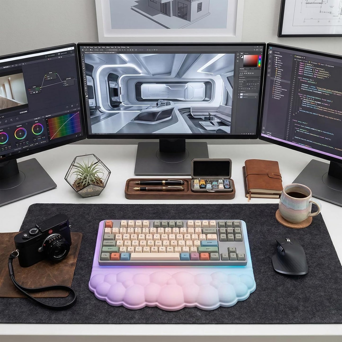 Computer Keyboard Stand Pad with Wrist Rest Purple Blue Cloud Keyboard Pad Support with Comfortable Galaxy Stars Wrist Pad Cute Girl Ergonomic Tilted Keyboard Riser Holder for Desktop Office Home