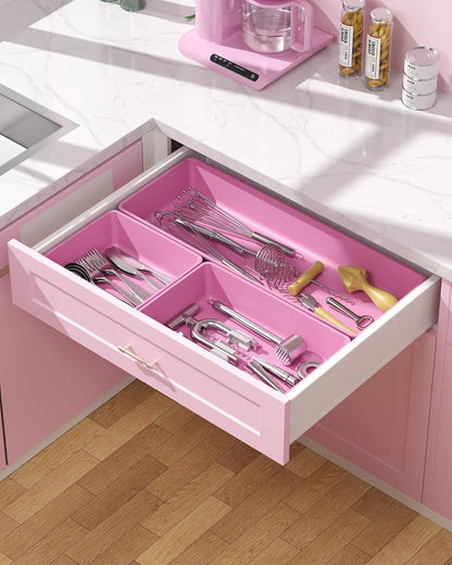 10 Pack Large Size Plastic Drawer Organizers Set, 3 Sizes Desk Drawer Organizer Trays, Storage Bins for Vanity, Makeup, Bathroom, Kitchen Utensils and Office (Black)