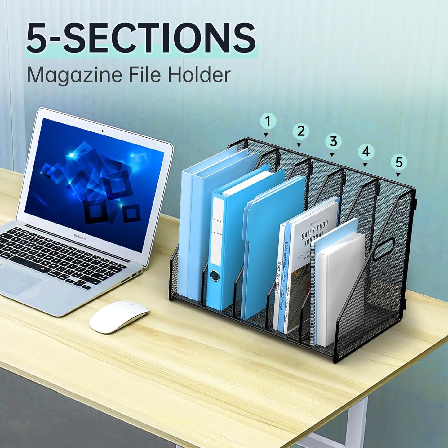 MINDEPOT Desk File Organizer Metal Desk Magazine Folder Holder with 5 Vertical Compartments Rack File Organizer for Office, Home, School, Black