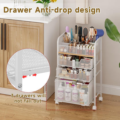 Rolling Makeup Cart Organizer with 3 Drawers, 4-Tier Narrow Floor Skincare Organizers with dividers, Vanity Organizer Cosmetics Display Cases for Makeup Brush, Hair Tool, White
