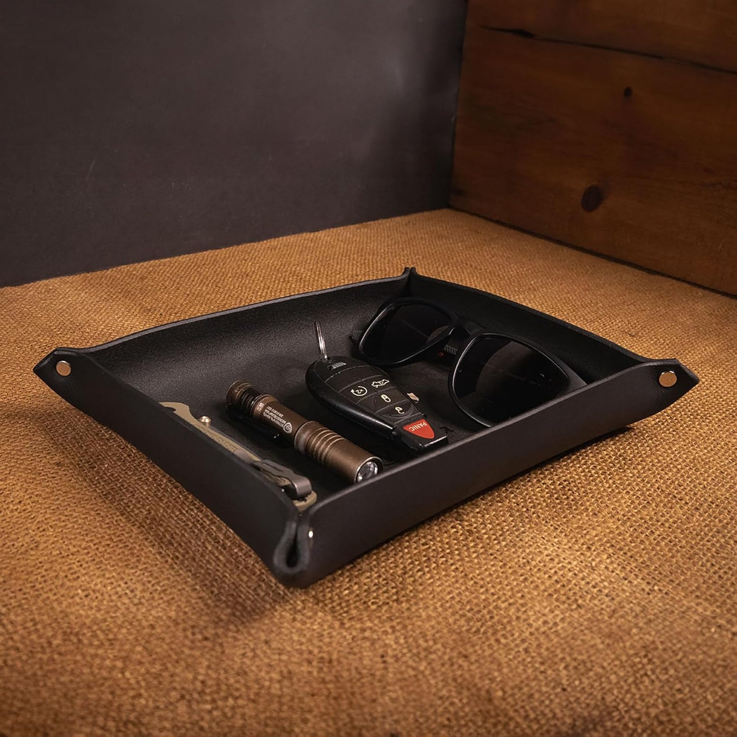 Valet Tray – Full-Grain Leather Catchall Organizer for Keys, Phone & Wallet – Rustic Nightstand & Desk Tray with Raised Sides – Handmade in USA (Vintage Brown, Small Rectangle)