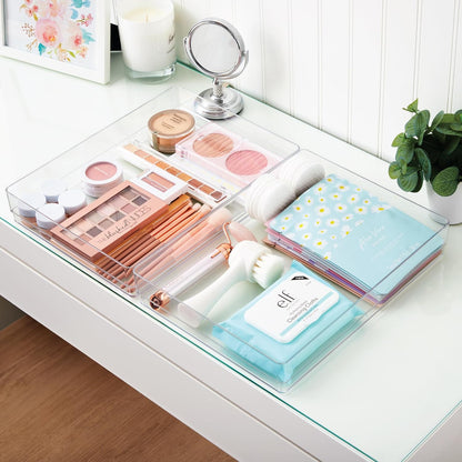 STORi SimpleSort 3-Piece Stackable Clear Drawer Organizer Set | 9" x 6" x 2" Rectangle Trays | Wide Makeup Vanity Storage Bins and Office Desk Drawer Dividers | Made in USA