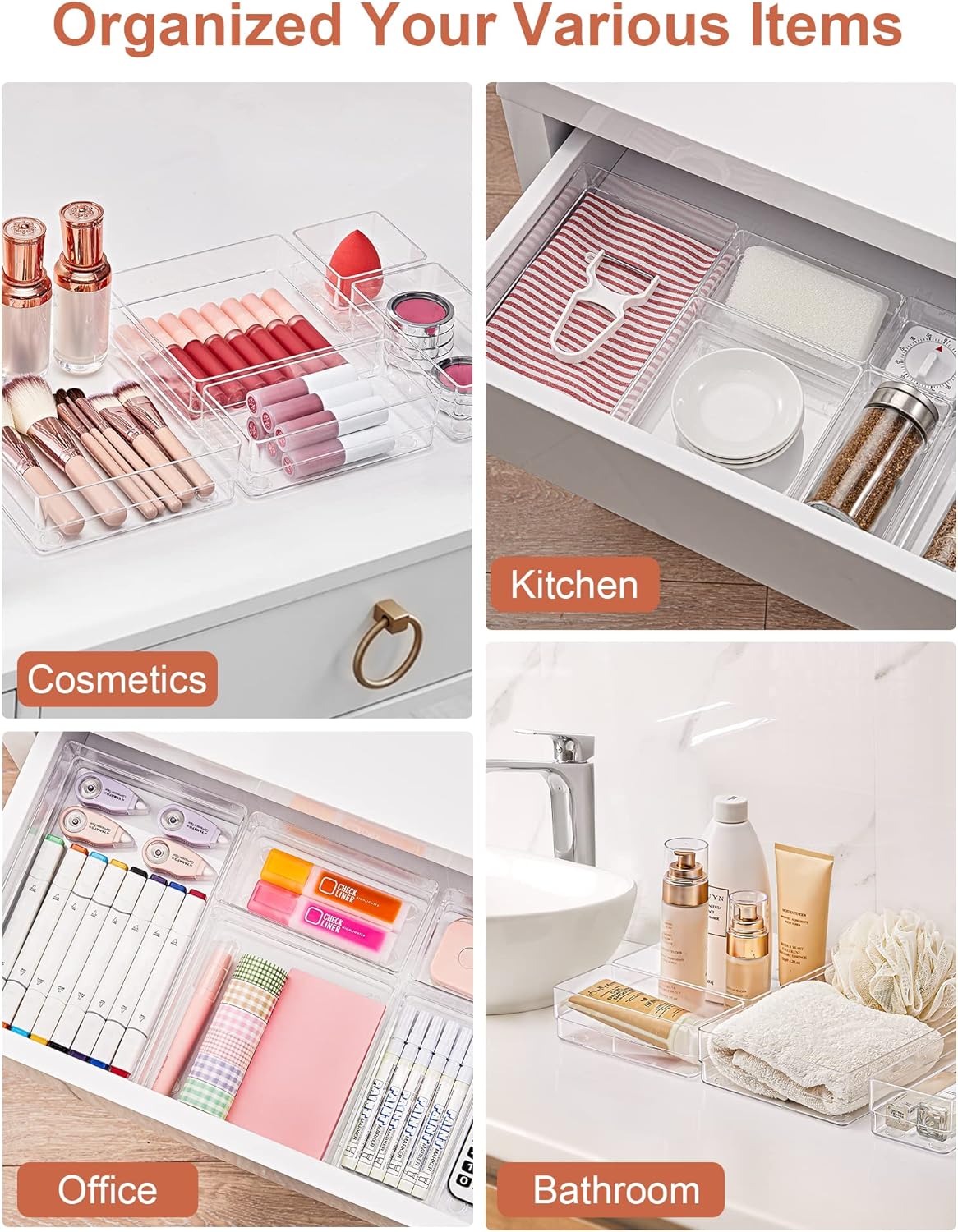 SMARTAKE 22-Piece Drawer Organizer with Non-Slip Silicone Pads, 4-Size Clear Desk Drawer Organizer Trays Storage Tray for Makeup, Jewelries, Utensils in Bedroom Dresser, Office and Kitchen, Clear