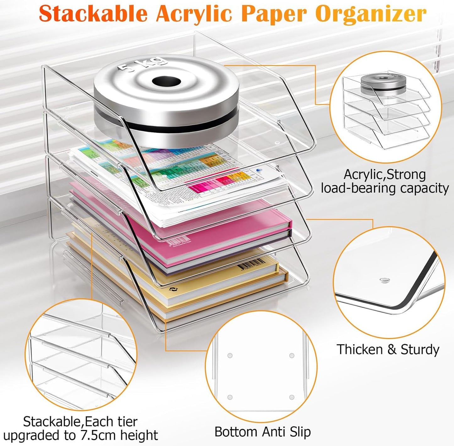 YKLSLH 4 Trays Paper Organizer Letter Tray - Acrylic Desk File Organizer, Stackable Clear Paper Holder Sorter Office Organizer for Letter/A4, Office File Ipad Books Notes Etc
