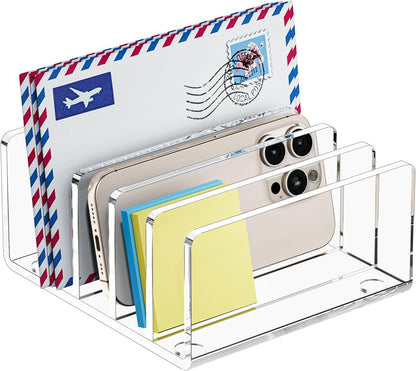 FUCDTEFC Desk Mail Organizer, 2 Section Clear Acrylic File Holder Letter Organizer, Vertical Lightweight Modern Envelope Holder Desk Accessories & Workspace Organizers for Office, Home, School