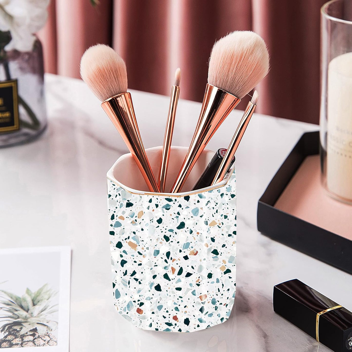 Pencil Holder for Desk Organizer,Ceramic Writing Utensil Storage Organizer Aesthetic Floral Pattern Pen Holder Pen Cup Makeup Brush Holder Creative Gift for Desktop Supplies,School Life Blue