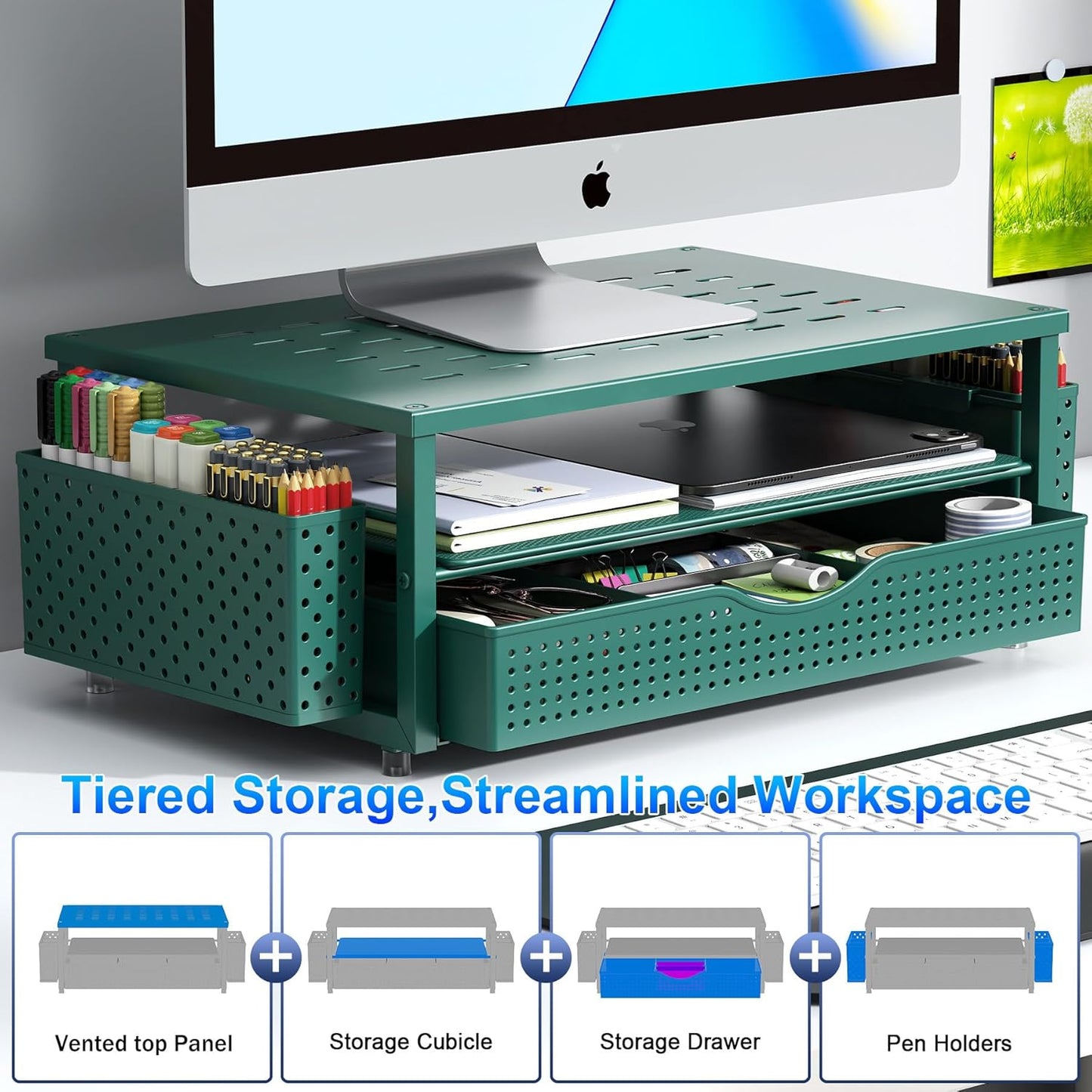 gianotter Wood Monitor Stand Riser, Office Desk Shelf Organizer, Desk Organizer with Drawer and Pen Holder, 2-Tier Computer Stand, Office Organization (Ink)