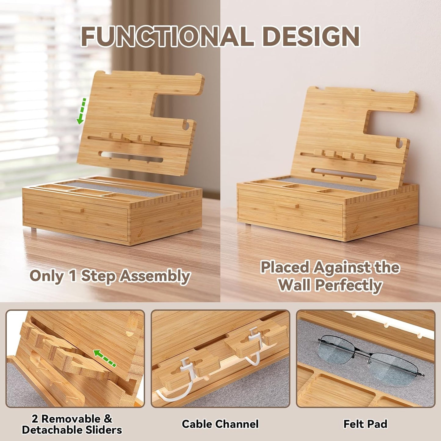 Pezin & Hulin Wooden Charging Station, Bedside Nightstand Tray, with Spacious Drawer, Felt Pads for Phones, Watch, Idea Gifts for Him Birthday, Son, Christmas for Papa Fathers Day (Nature)