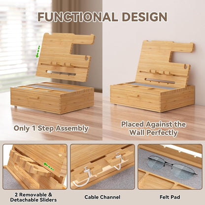 Pezin & Hulin Wooden Charging Station, Bedside Nightstand Tray, with Spacious Drawer, Felt Pads for Phones, Watch, Idea Gifts for Him Birthday, Son, Christmas for Papa Fathers Day (Nature)