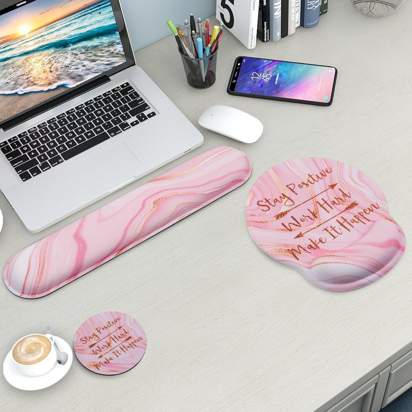 Mouse Pad and Keyboard Wrist Rest Support, with Non-Slip PU Base,Gel Mouse Pad with Coaster,Pain Relief for Gaming, Computer,Office -Beach