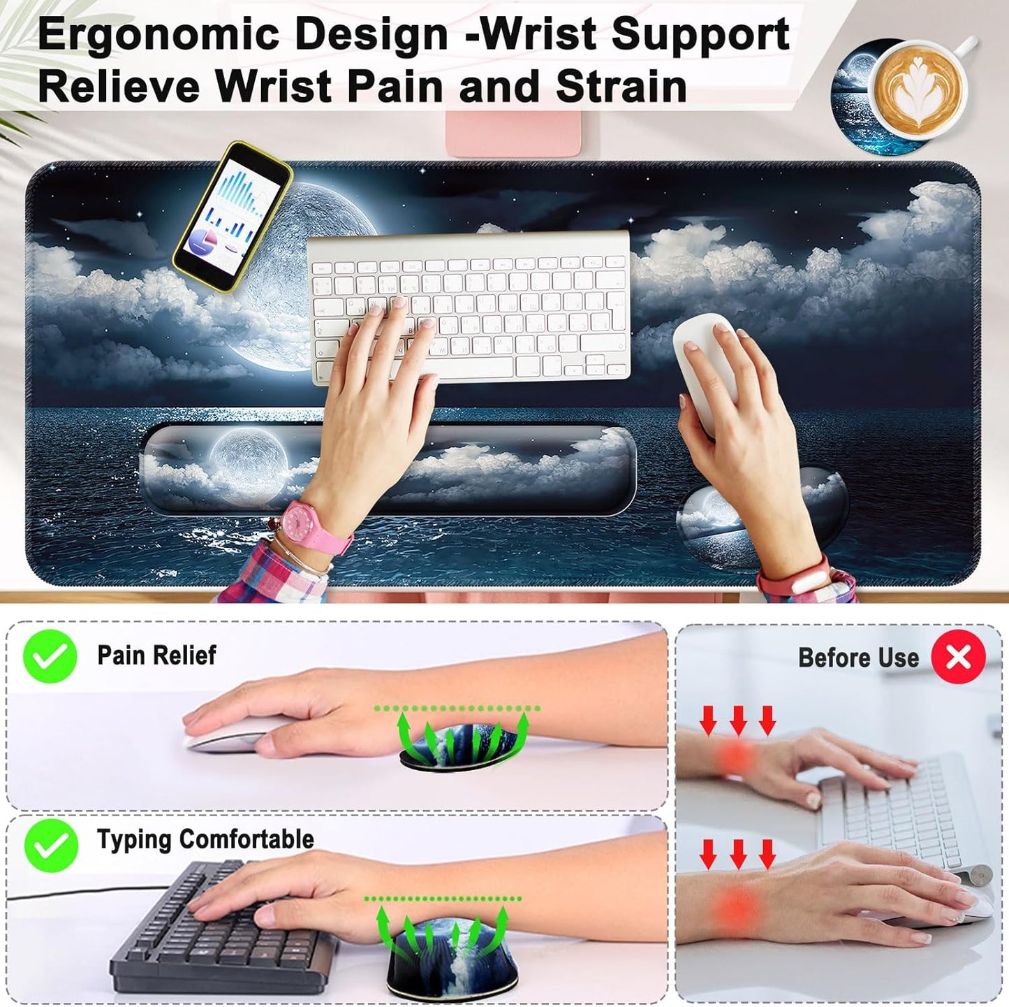 Keyboard Wrist Rest + Mouse Pad with Wrist Support + Desk Mat + Coaster 4 in 1 Set, XXL Large Gaming Mousepad Cute Ergonomic Mouse Pads for Desk Computer Laptop Office Decor-Beach