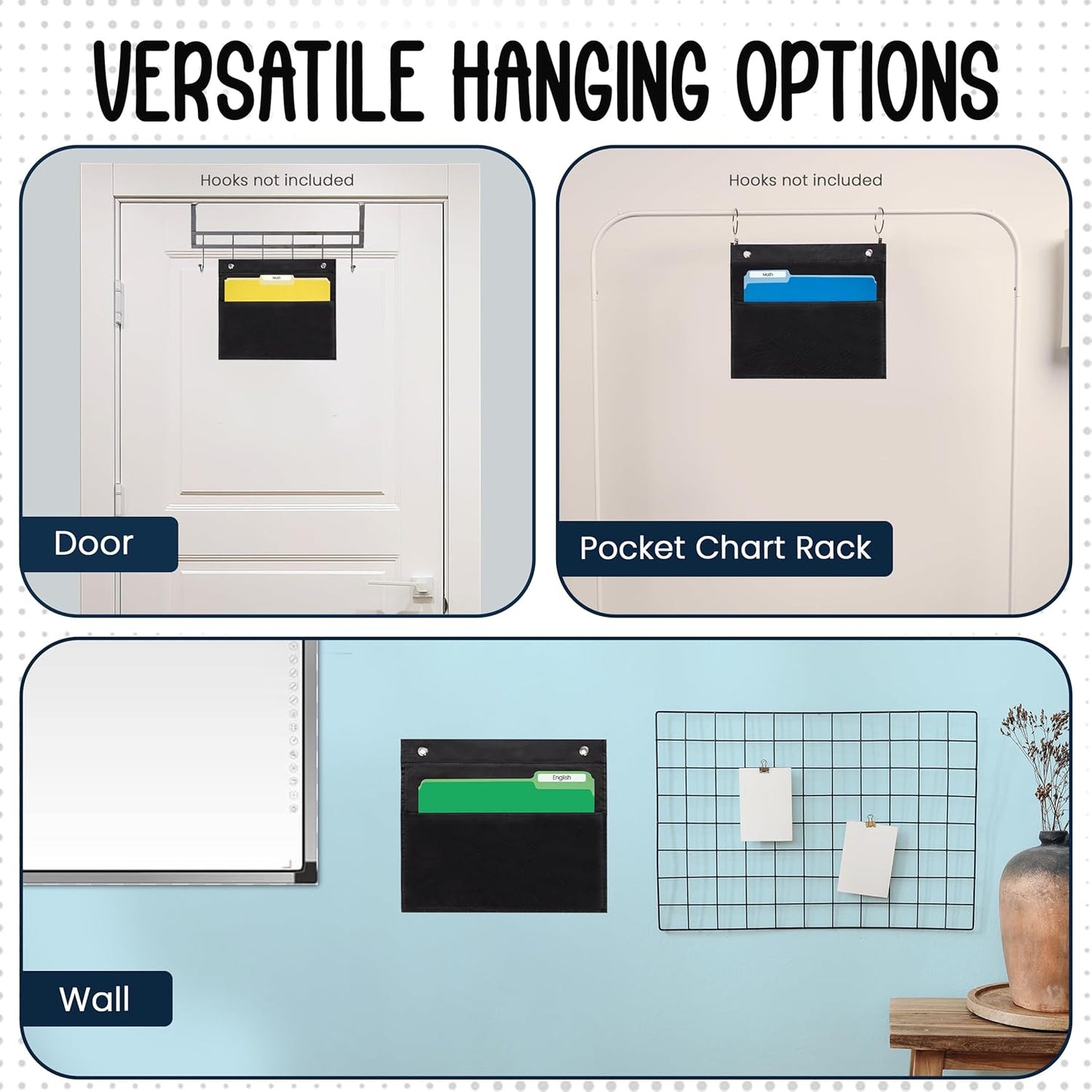 Essex Wares - 7 Pocket File Pocket Chart, Black, Tall - Versatile Wall Hanging File Folder Organizer for Classroom, Office, Home, and More - Wall Folder Organizer - 7 Pockets